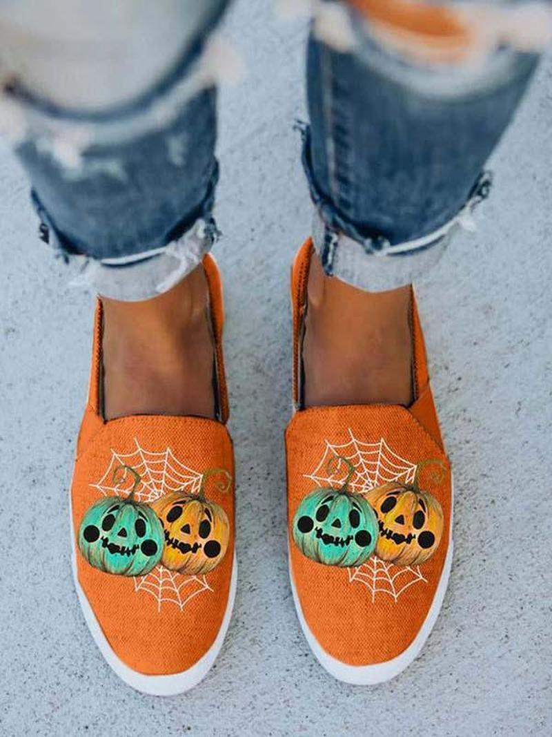 Halloween Pumpkin Print Canvas Slip On Sneakers