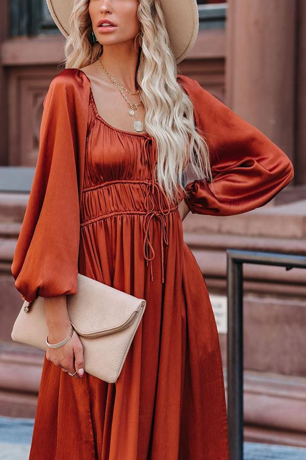 Satin Pocket Drawstring Long Sleeve Midi Dress - Fashionpara