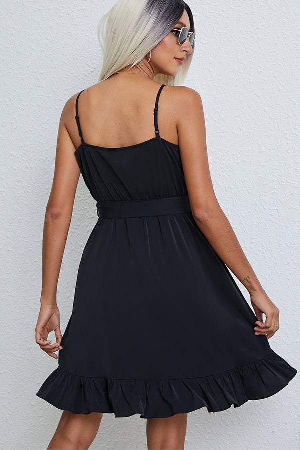 Ruffle Hem Solid Tie Waist Mini Dress - Fashionpara