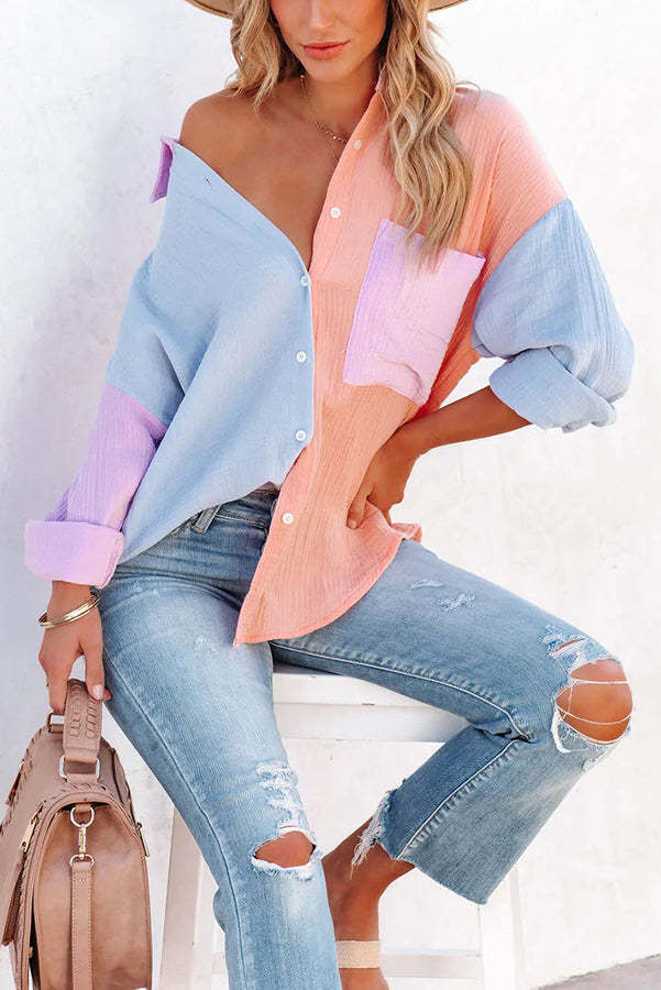 Color Block Textured Button Shirt with Pocket - Fashionpara