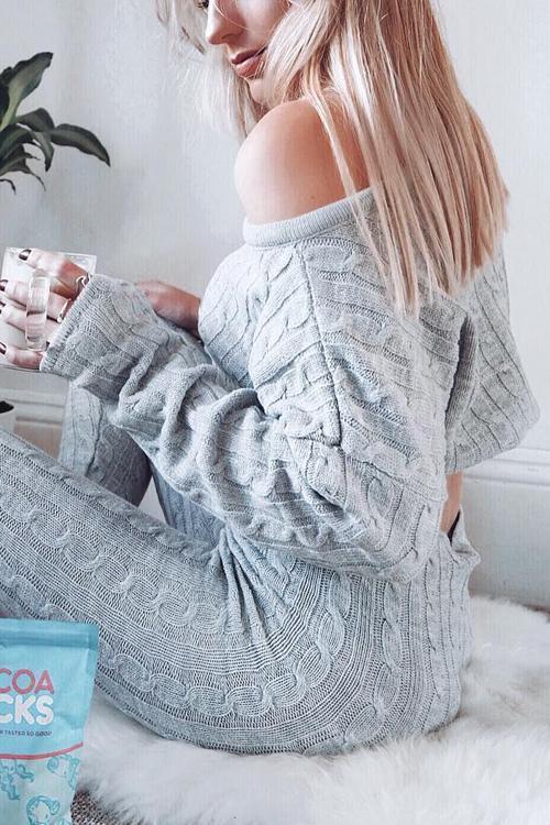 Knit Dew Shoulder Pants Set - Fashionpara