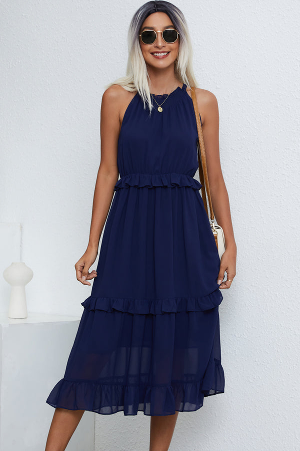 Solid Color Halter Neck Sleeveless Maxi Dress - Fashionpara