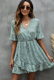 V Neck Printed Trumpet Sleeve Casual Dress
