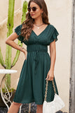 Solid Color V Neck Ruched Casual Dress
