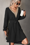 Fashion V Neck Solid Lace Long Sleeve Dress