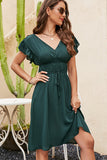 Solid Color V Neck Ruched Casual Dress