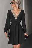 Fashion V Neck Solid Lace Long Sleeve Dress