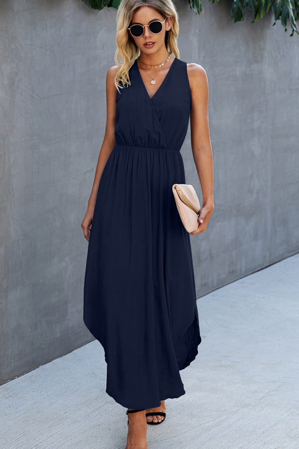 Fashion Solid Color V Neck Sleeveless Dress - Fashionpara