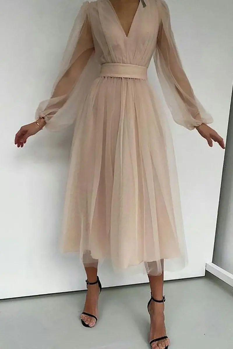 V Neck Tulle Long Sleeve Midi Dress - Fashionpara