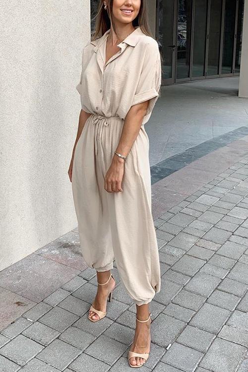Button Pockets Drawsting Jumpsuit - Fashionpara