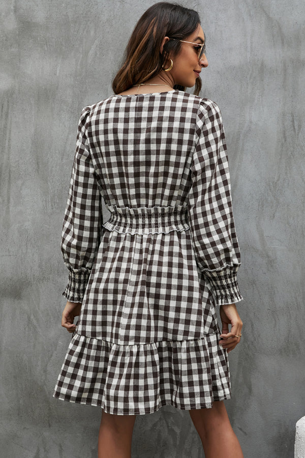 Fashion Plaid Print Rulle Hem Mini Dress - Fashionpara
