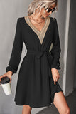 Fashion V Neck Solid Lace Long Sleeve Dress
