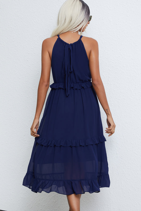 Solid Color Halter Neck Sleeveless Maxi Dress - Fashionpara