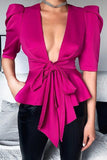 V Neck Bow Tie Half Sleeve Top