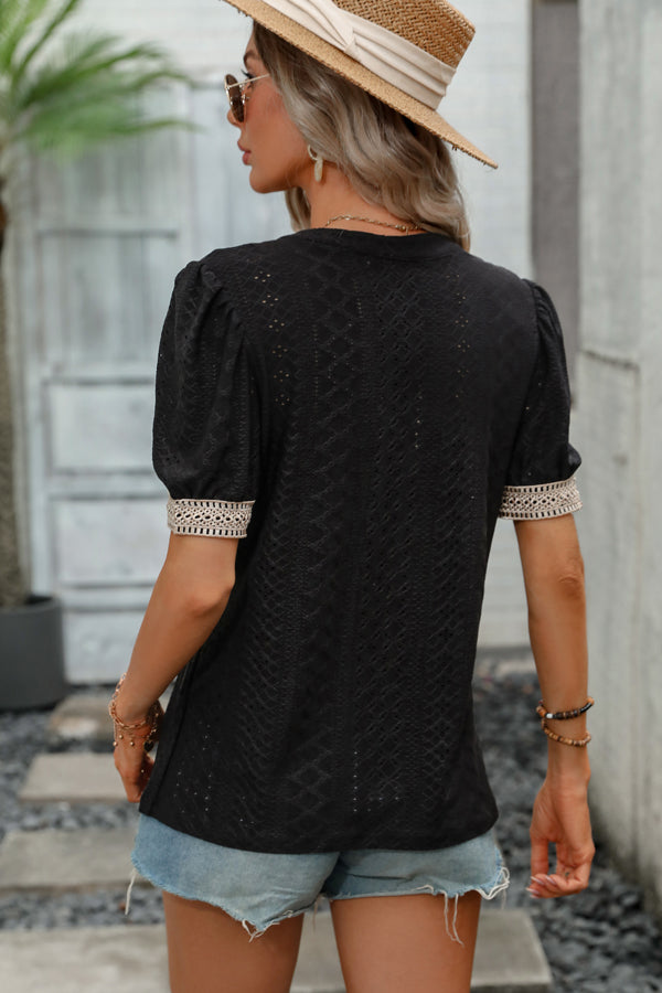 Solid Color Patchwork Short Sleeve Casual Tops - Fashionpara