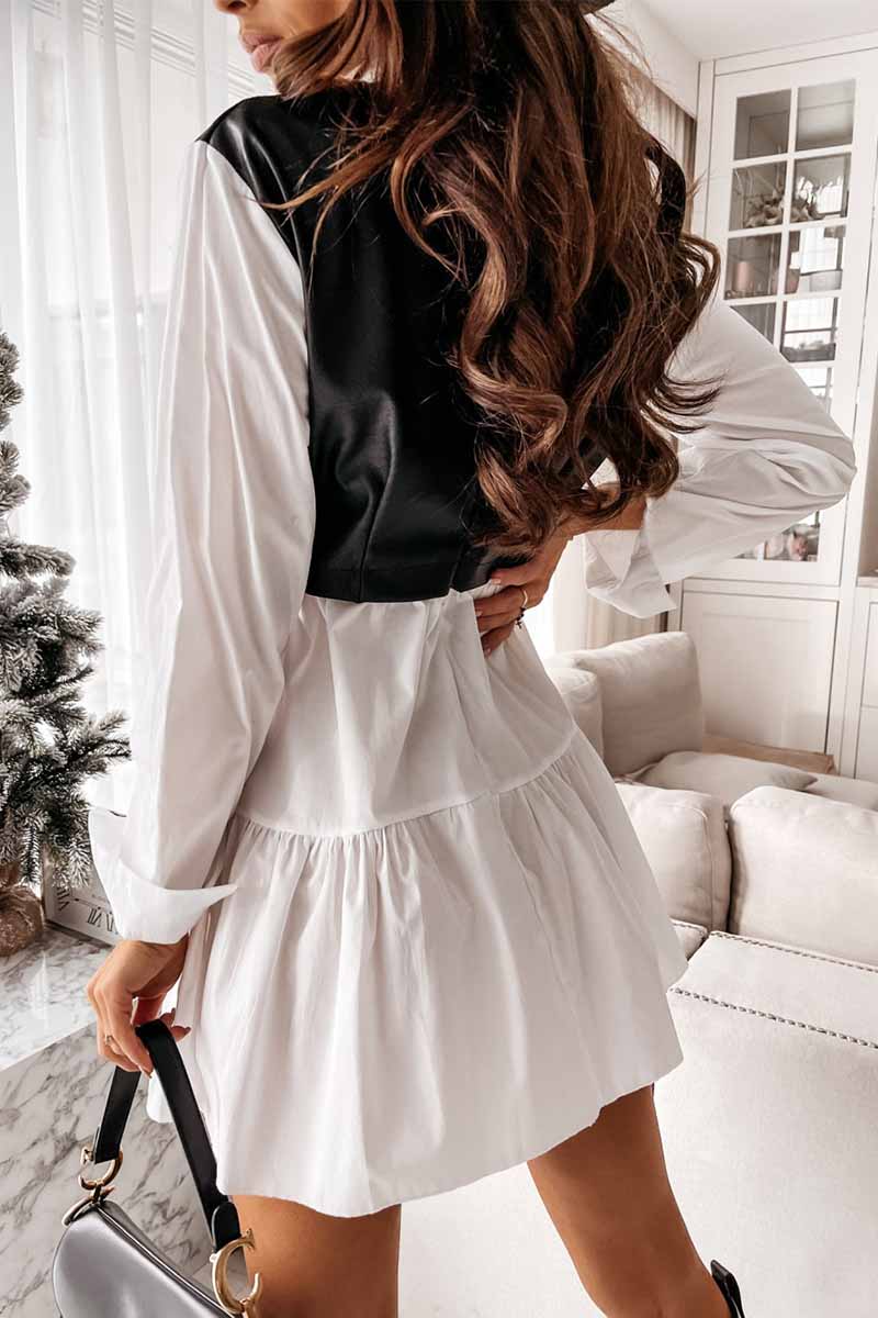 Florcoo Shirt skirt and leather stitching Mini Dress - Fashionpara