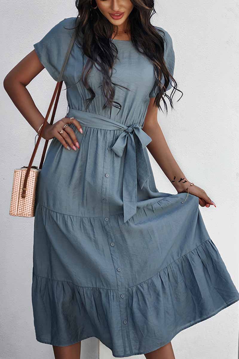 Florcoo Pure Color Simple Restraint Waist Midi Dress(3 Colors) - Fashionpara