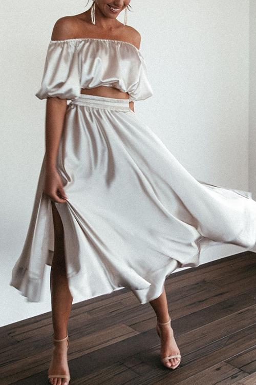 Satin Off Shoulder Skirt Set - Fashionpara