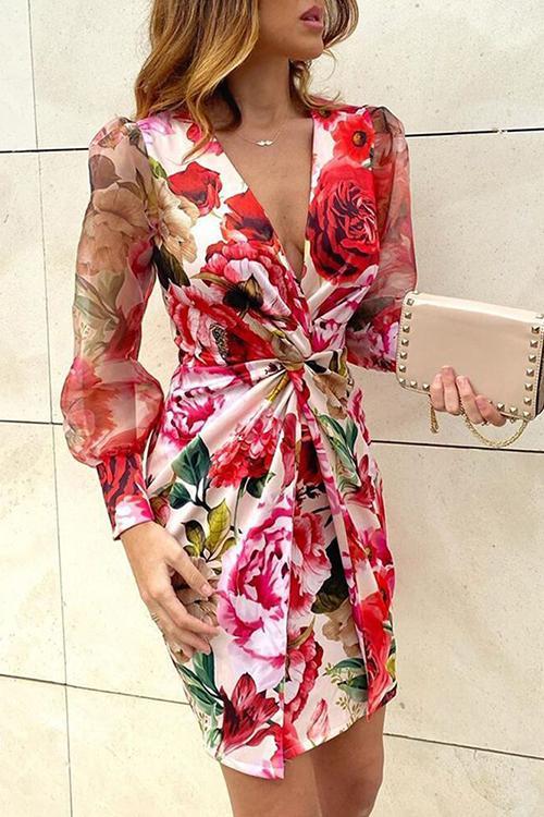 Print Knot Long Sleeve Mini Dress - Fashionpara