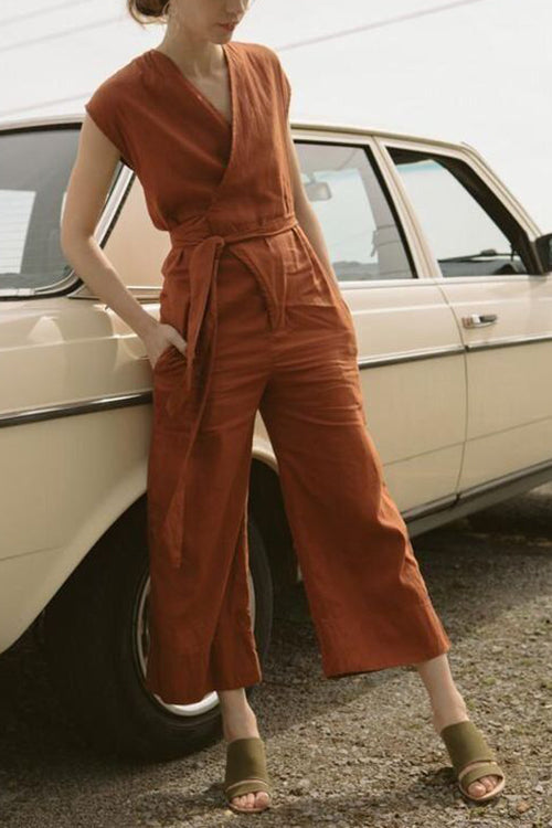 Linen V Neck Wrap Jumpsuits - Fashionpara