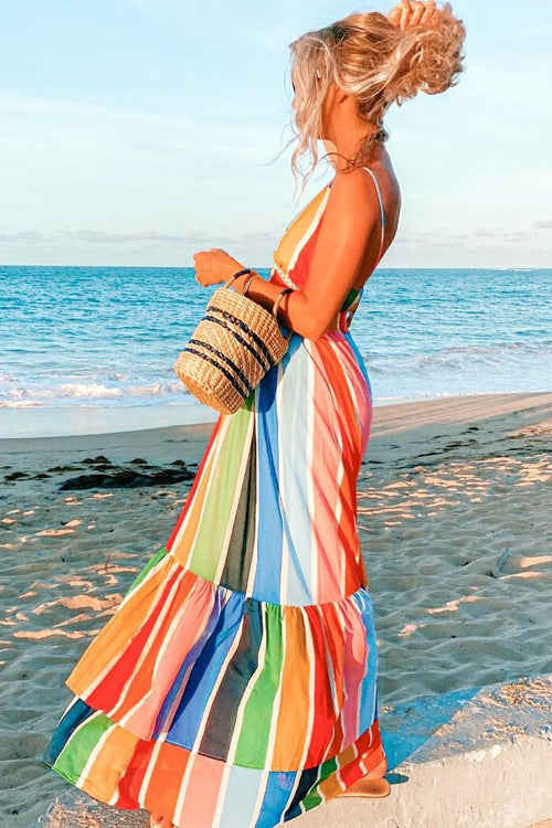 Rainbow Stripe Backless Slip Maxi Dress
