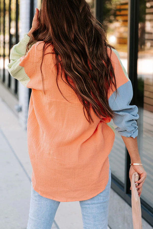 Color Block Textured Button Shirt with Pocket - Fashionpara