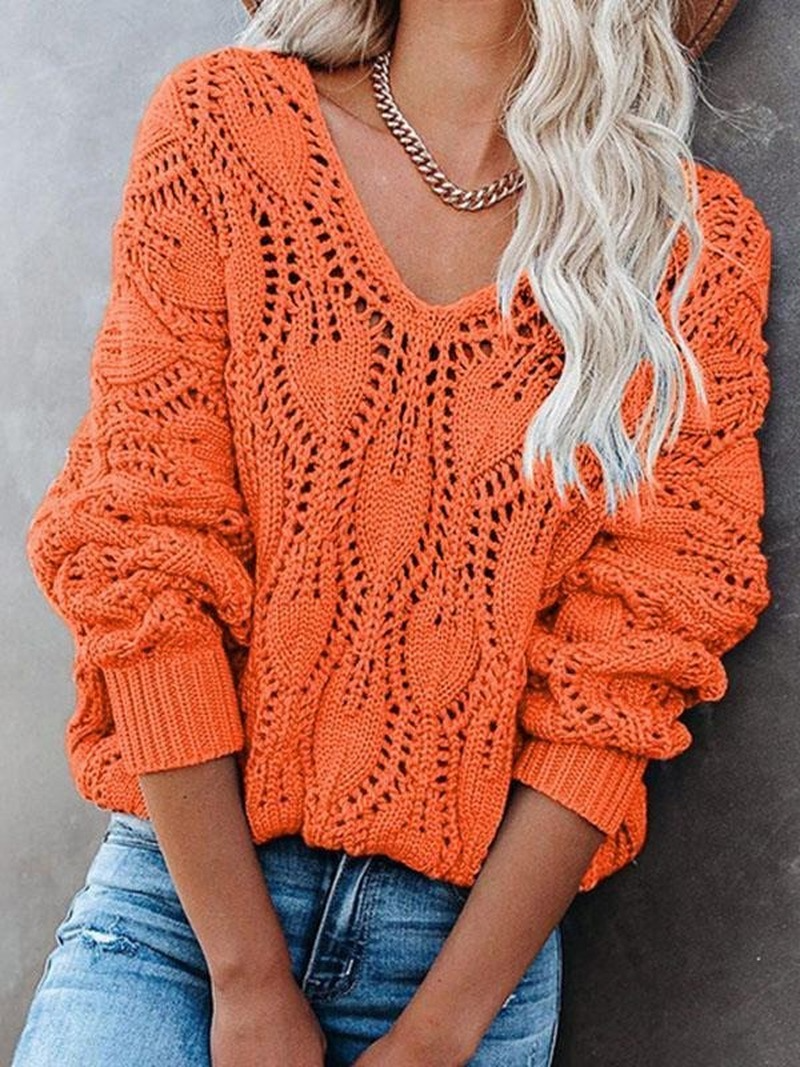 Hollow Out V-Neck Crochet Chunky Knit Sweater