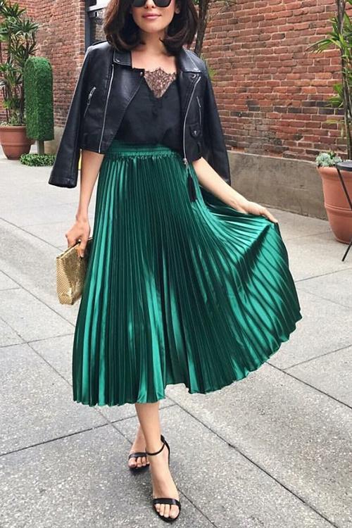 Metallic Pleated Maxi Skirts - Fashionpara