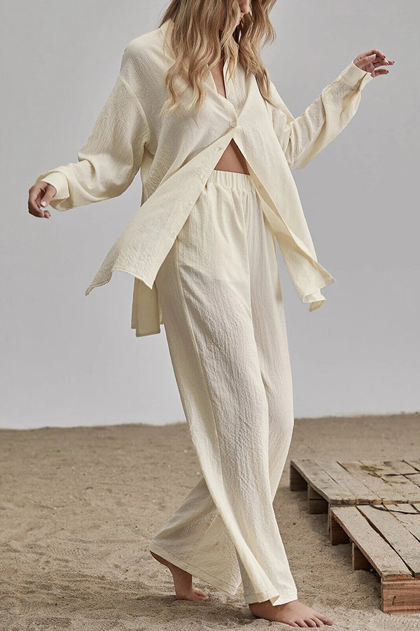 Button Blouse Wide Leg Pants Set - Fashionpara