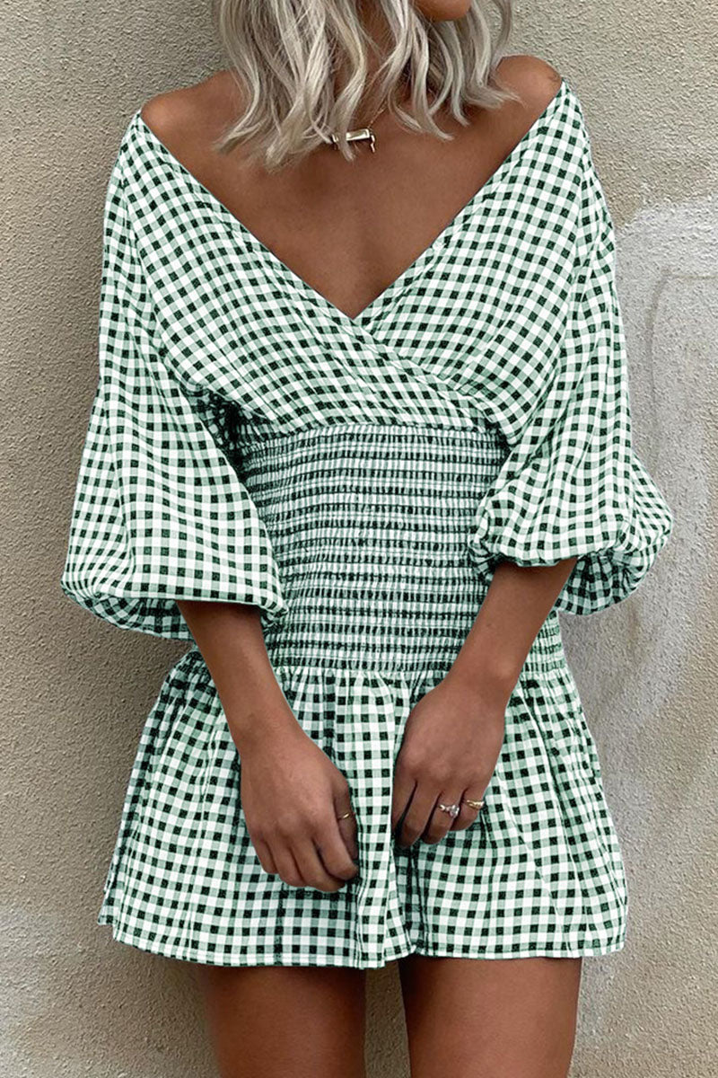 Fashion Street Plaid Split Joint V Neck Waist Skirt Dresses - Fashionpara