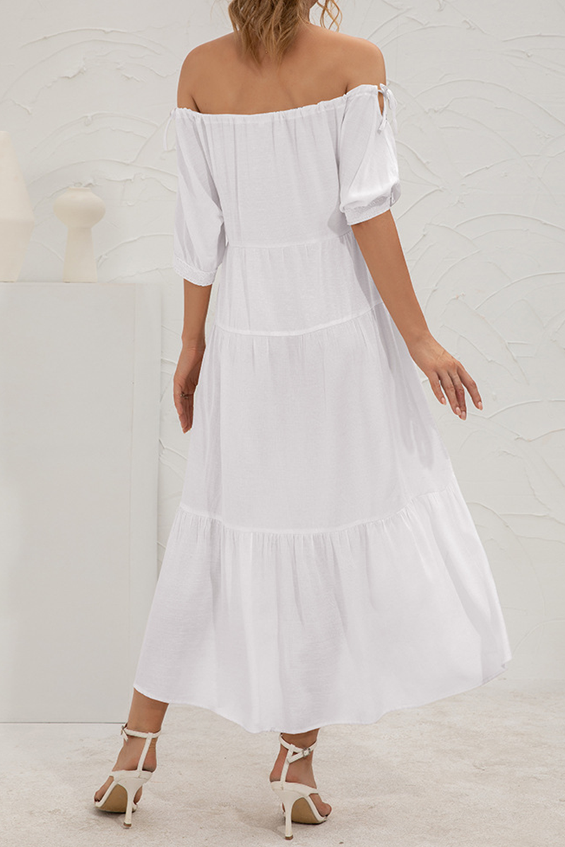 Elegant Solid Split Joint Frenulum Off the Shoulder Cake Skirt Dresses - Fashionpara