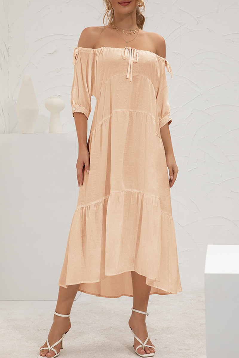 Elegant Solid Split Joint Frenulum Off the Shoulder Cake Skirt Dresses - Fashionpara