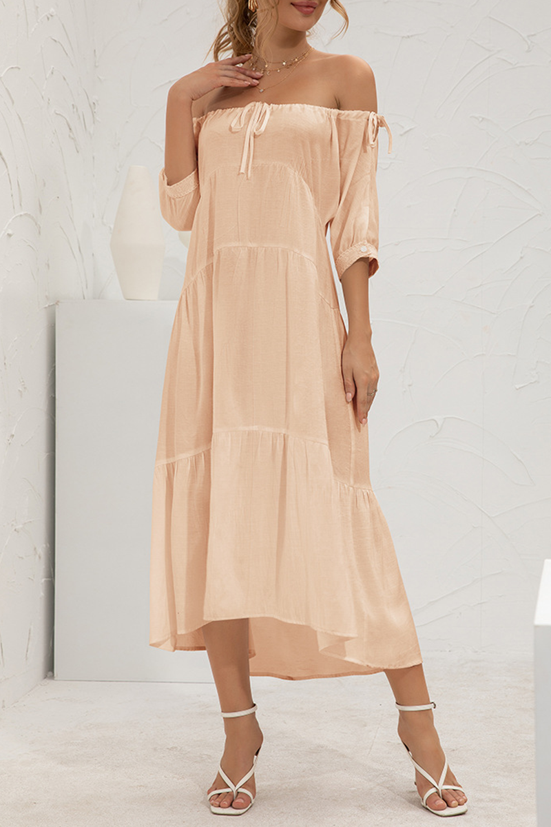 Elegant Solid Split Joint Frenulum Off the Shoulder Cake Skirt Dresses - Fashionpara