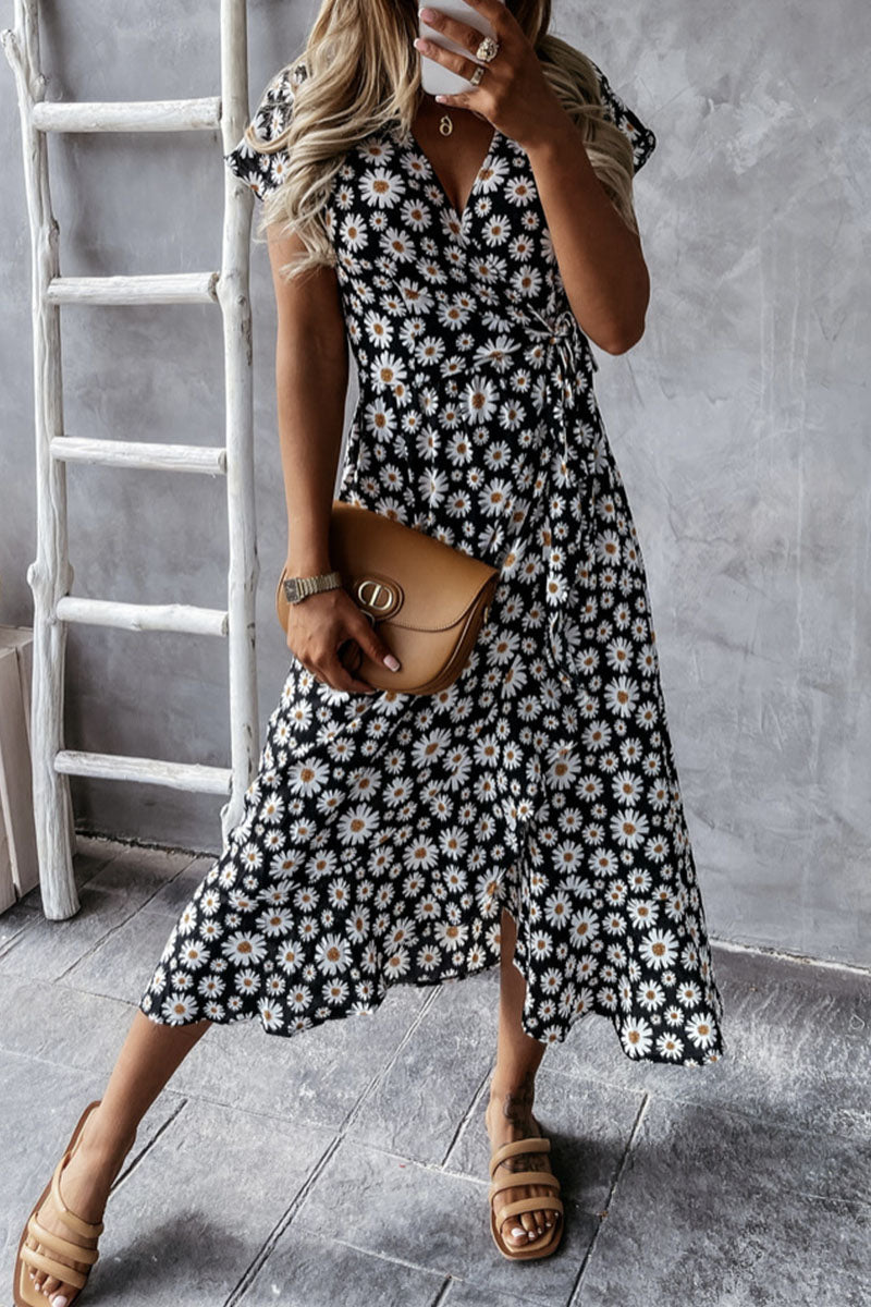 Fashion Bohemian Print Split Joint V Neck Irregular Dresses - Fashionpara