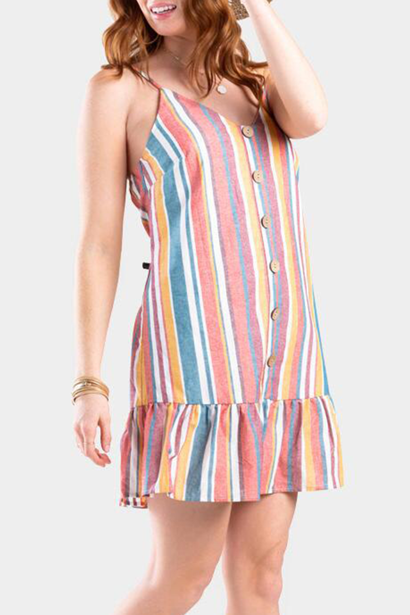 Fashion Casual Striped Buckle Flounce V Neck A Line Dresses - Fashionpara
