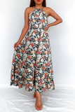 Elegant Floral Patchwork Halter Waist Skirt Dresses