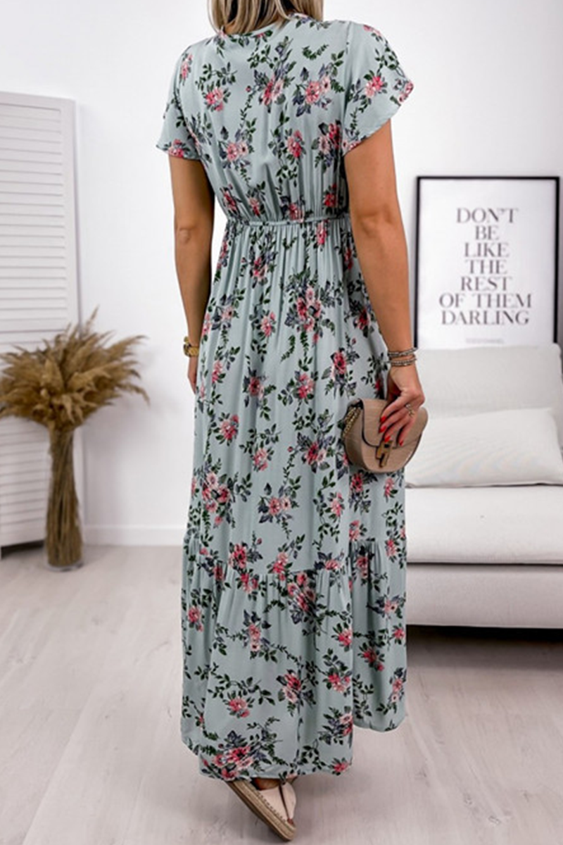 Fashion Elegant Floral Split Joint Flounce V Neck A Line Dresses - Fashionpara