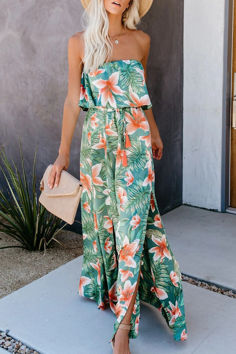 Fashion Elegant Floral Frenulum Slit Strapless A Line Dresses - Fashionpara