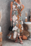 Elegant Print Frenulum Flounce Oblique Collar Irregular Dress Dresses