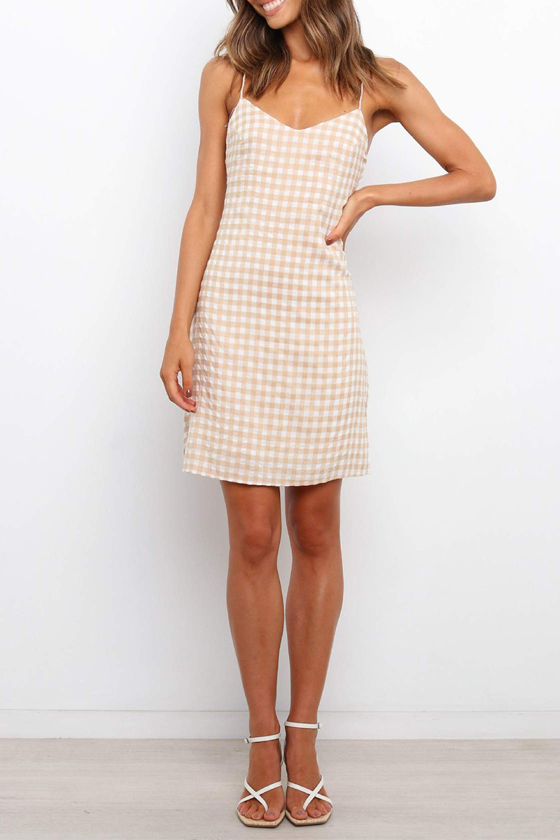 Elegant Plaid Frenulum Backless V Neck A Line Dresses - Fashionpara