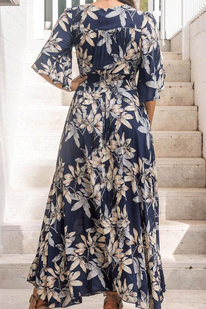 Fashion Street Print Patchwork V Neck Waist Skirt Dresses - Fashionpara