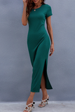 Casual Solid Frenulum Slit O Neck Dresses