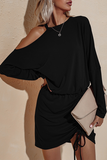 Fashion Elegant Solid Draw String Frenulum O Neck Irregular Dress Dresses