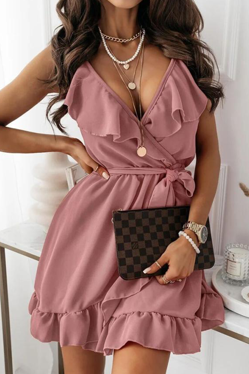 Fashion Elegant Solid Flounce Strap Design V Neck A Line Dresses（6 colors）