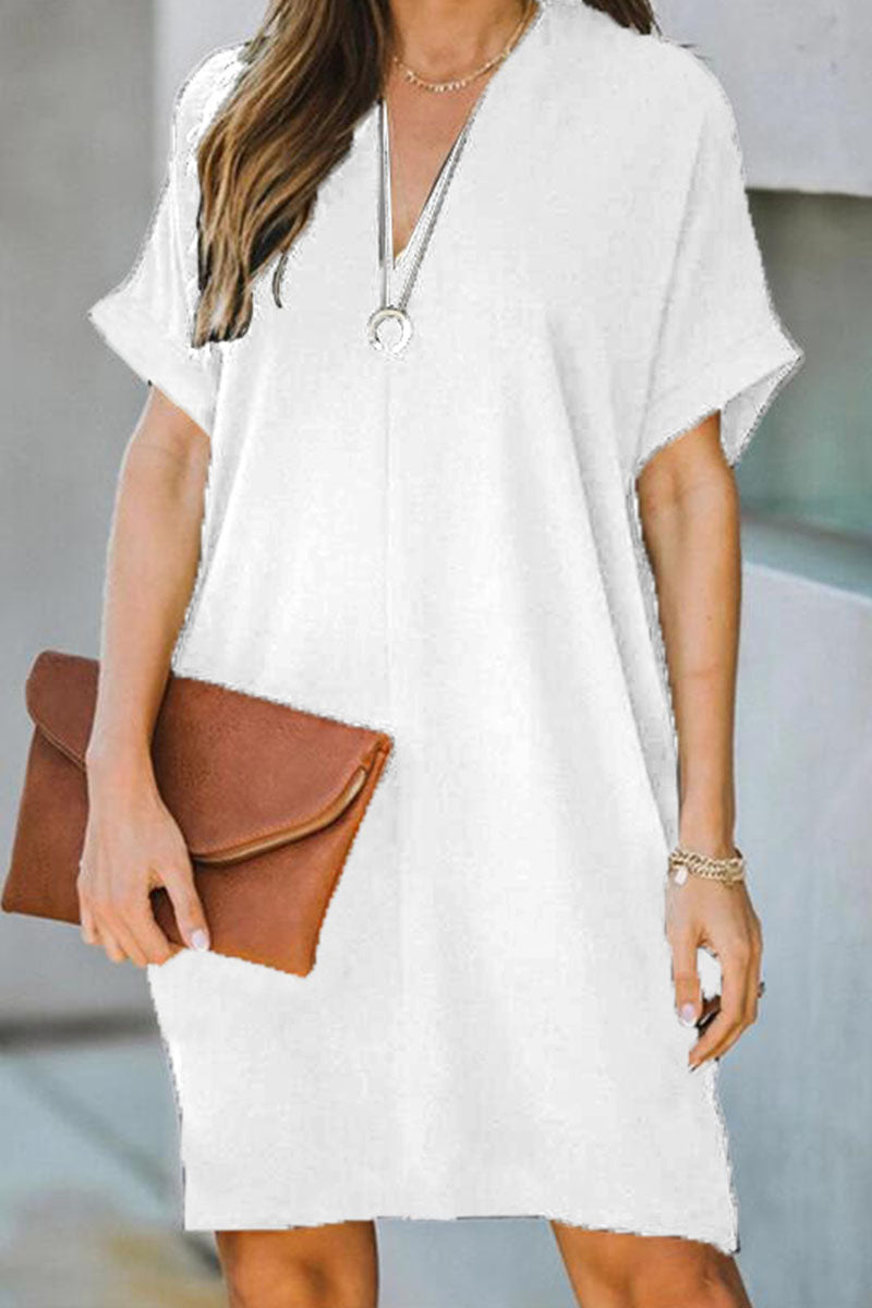 Fashion Casual Solid Hollowed Out V Neck A Line Dresses - Fashionpara