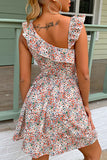 Fashion Street Print Patchwork Oblique Collar A Line Dresses