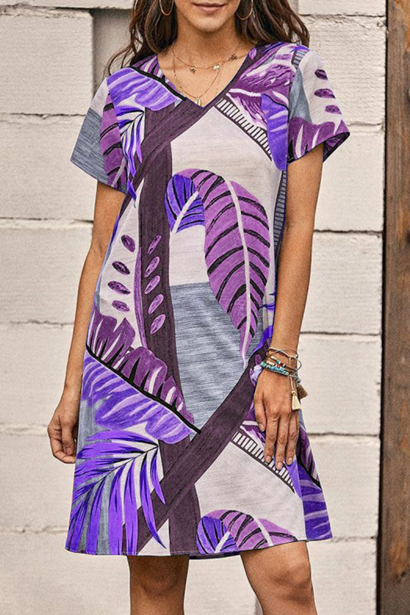 Fashion Casual Print Split Joint V Neck A Line Dresses - Fashionpara