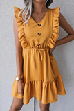 Casual Elegant Solid Buckle Flounce V Neck Waist Skirt Dresses