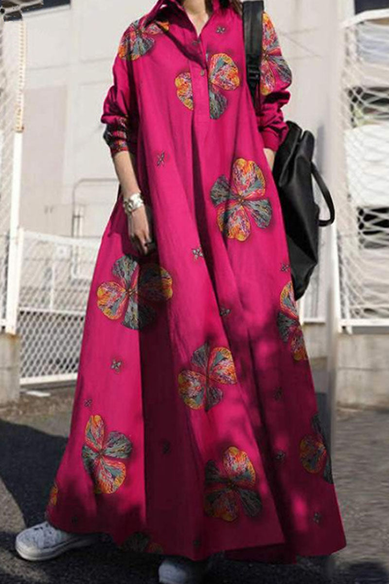 Fashion Vintage Print Patchwork Turndown Collar A Line Dresses - Fashionpara