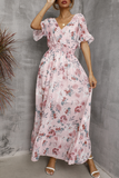 Elegant Floral Split Joint Flounce V Neck Waist Skirt Dresses(4 colors)